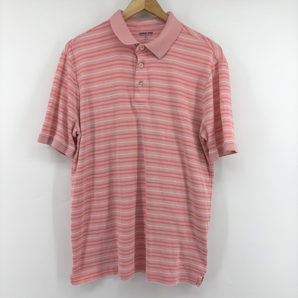 Lands End Mens Pink Striped Supima‎ Cotton Traditional Fit Polo Shirt Size M/T - Picture 3 of 9